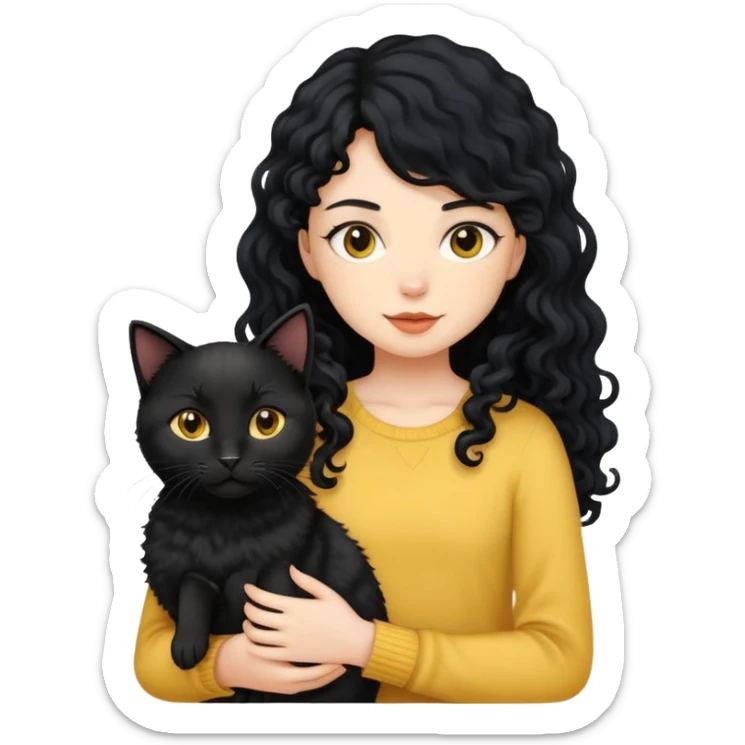 A girl with long black hair is holding a black cat, a yellow short-haired cat, and a curly-haired dog sticker