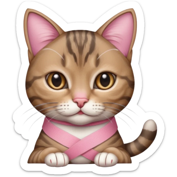 a young female brown and gray tabby cat,with a pink bandage on her front paw, ultrarealistic sticker