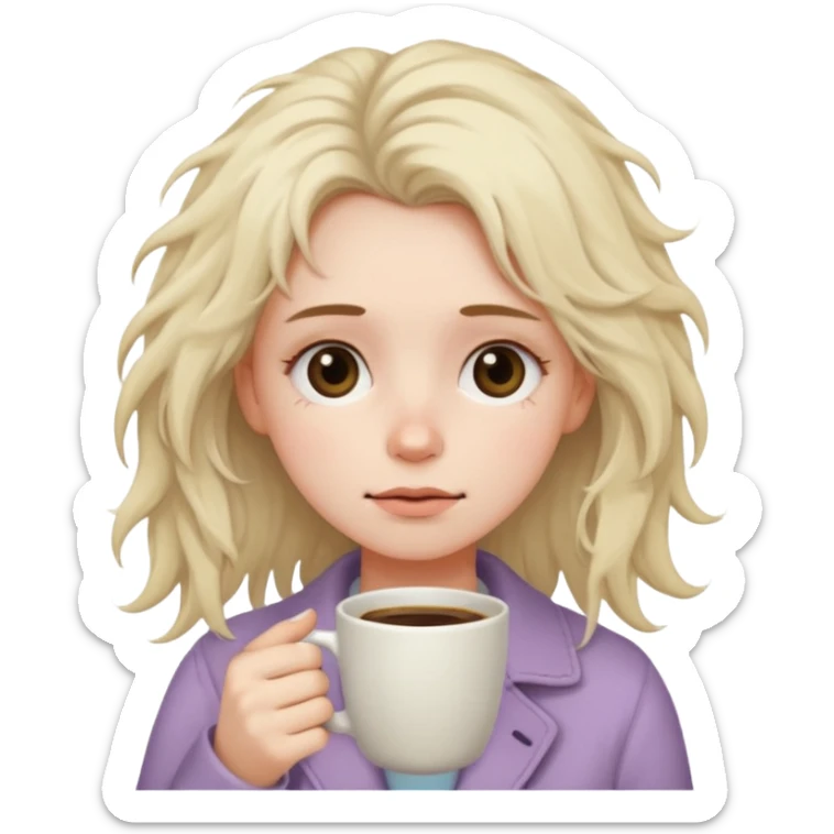 tired woman with dark circles under eyes holding a coffee cup, messy hair, soft pastel emoji style, calm neutral background sticker