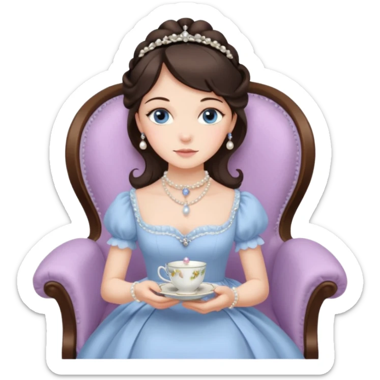 Blue-eyed brunette, wearing a Victorian style dress. She has a simple pearl necklace. Her dress is the palest lilac.  She is sitting gracefully in a chair, holding a teacup and saucer sticker