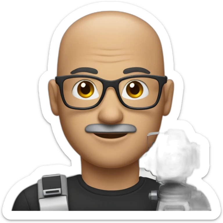 man without hair, a black mustache and large glasses holding a video camera sticker
