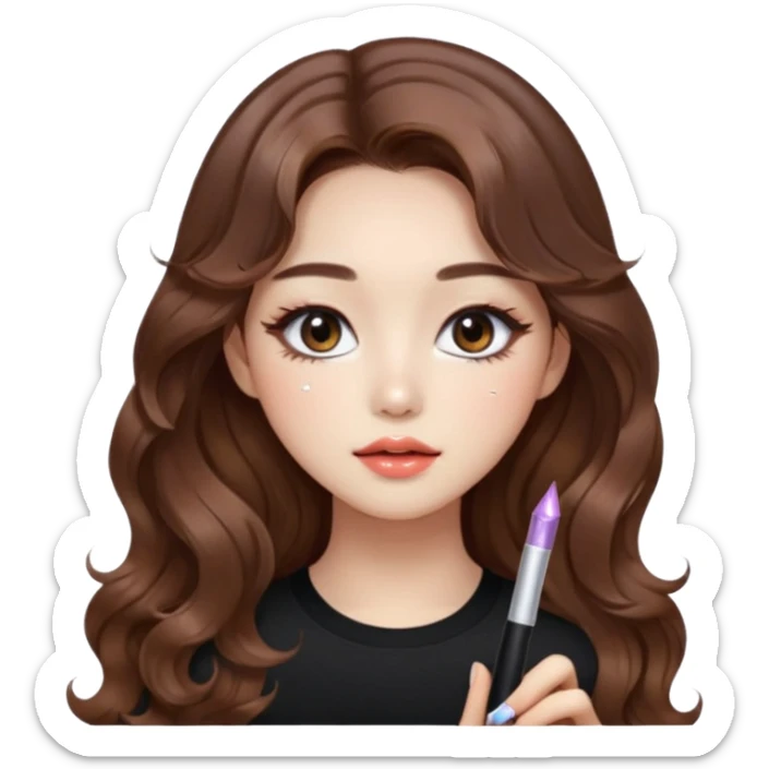 “korean brown hair Emoji girl, soft eyeliner, gradient lips, light brown shimmer eyeshadow, sparkly aegyo-sal, long wavy hair,  sticker