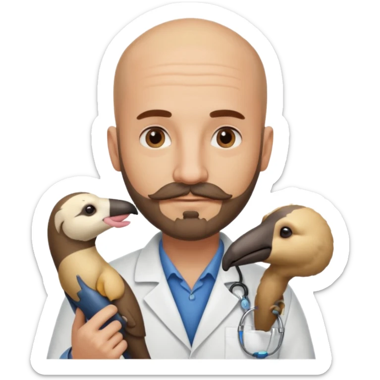 A bald veterinarian with a beard and mustache holding an anteater sticker