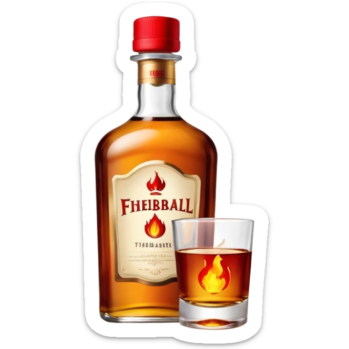 Small bottle of whiskey that says fireball in big capital letters with a red cap and the whiskey is smiling it’s so happy  sticker