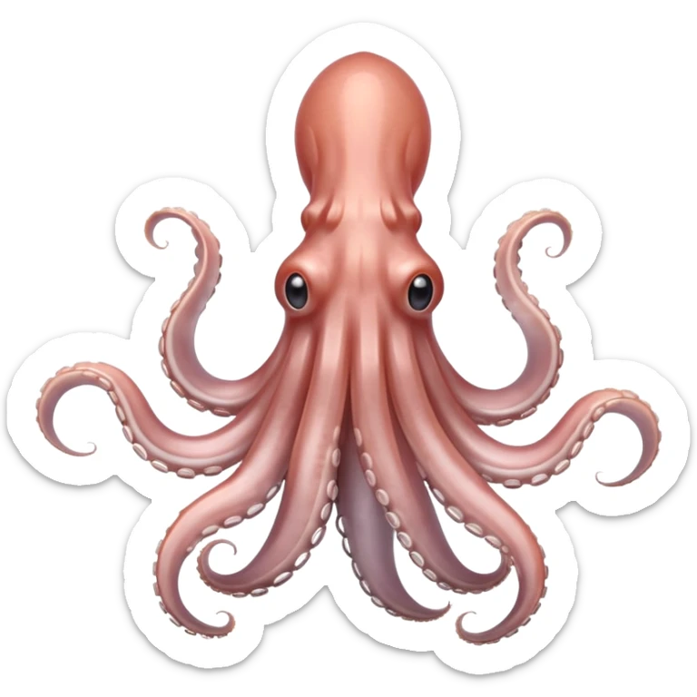 whole raw squid, tapered body, pale pinkish-grey, semi-translucent, visible fins, tentacles curled under, suction cups visible, fresh and glossy, anatomically correct, soft lighting, subtle shadows, no plate or tools, no faces, transparent background, emoji scale sticker