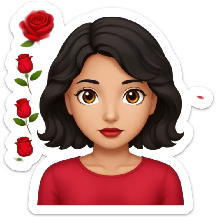 Olive skin Brown eyes black wavy hair rose backround red top  sticker