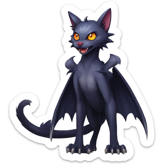   cool edgy beautiful fantasy anime-style dark animal vampiric Nargacuga-cat-hybrid Fakemon with big fangs and bat-wing-ears full body sticker