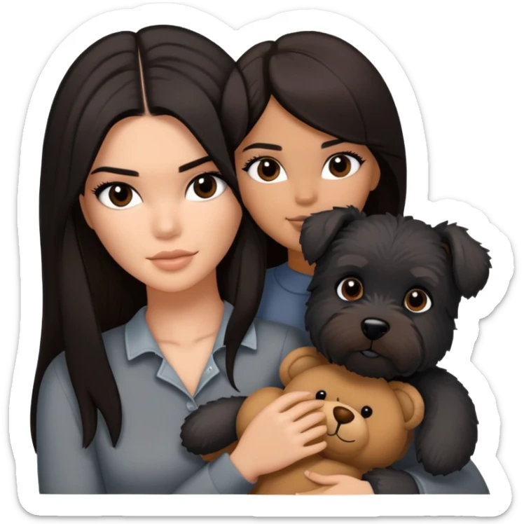 Kendall Jenner with long dark hair, holds a brown teddy bear and a black schnauzer sticker