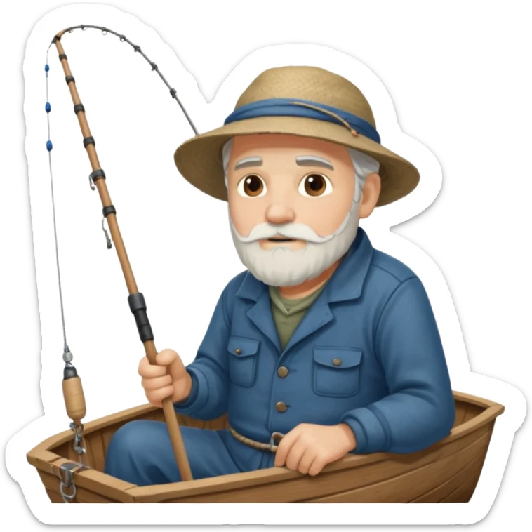 an old white haired, bearded man in fisherman attire, sat in a big boat on a calm sea, holding one fishing rod in one hand, with the end of the fishing line touching the water sticker