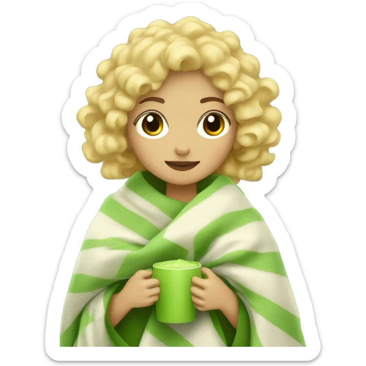 blonde girl with curly hair with a blanket that holds a matcha sticker