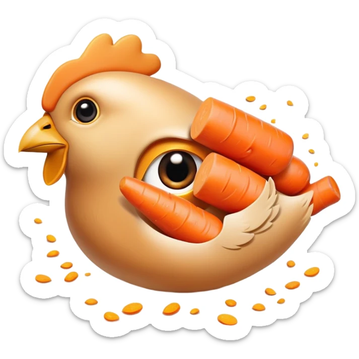 Chicken pieces and bright orange carrots with soft golden particles flowing toward a normal-looking eye and smooth skin. The design shows how vitamin A from both animal and plant sources contributes to eye and skin health in a friendly, non-threatening way. sticker