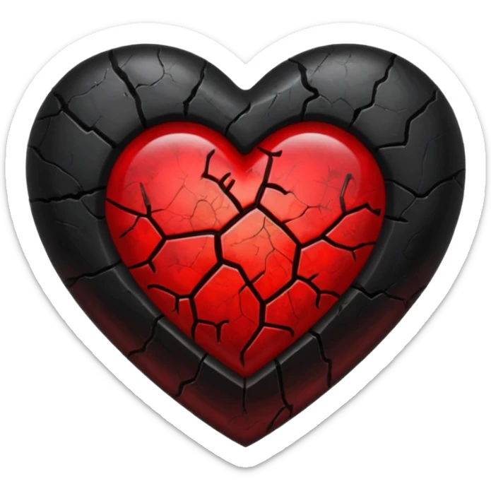 iOS style emoji, dark fantasy heart, black cracked heart, red inner glow, glossy sticker
