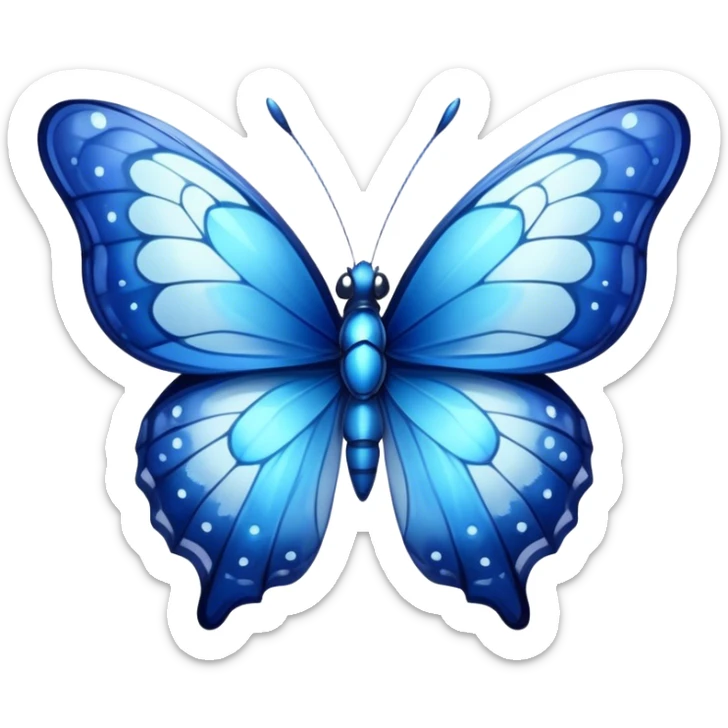 Cinematic Realistic Cute Blue Butterfly Portrait Emoji, Head tilted playfully and inquisitively, featuring beautifully patterned sapphire wings with intricate venation and a charming, petite body with round, sparkling eyes full of gentle curiosity, rendered with lifelike detail and warm natural highlights, high shine, affectionate and spirited, styled with a touch of whimsical garden magic, soft glowing outline, capturing the essence of a mischievous yet lovable blue butterfly that seems ready to flutter playfully into your arms! sticker