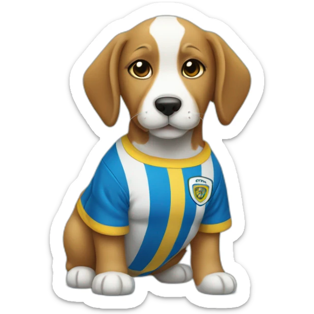 Puppy with a soccer shirt blue with a yellow stripe horizontal in the middle sticker