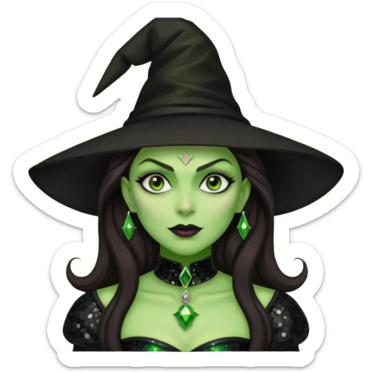 The Wicked Witch from Oz with long dark brown hair, black sequin outfit, green skin sticker