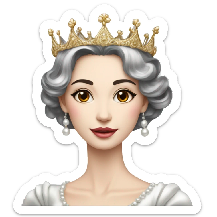 Regal pretty slender middle age woman photograph defined cheekbones high cheekbones crown vintage with very long iridescent black and silver hair wavy long hair pearl crown iridescent sticker