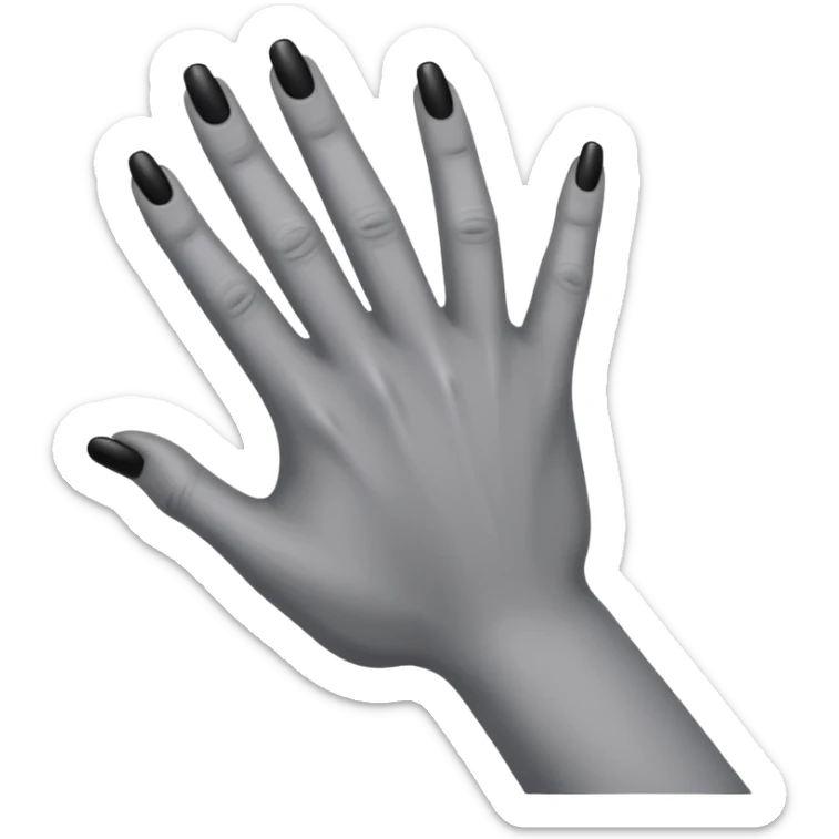 front angle view of a grey colored arm and 5-fingered hand reaching out, black finger nails behind sticker