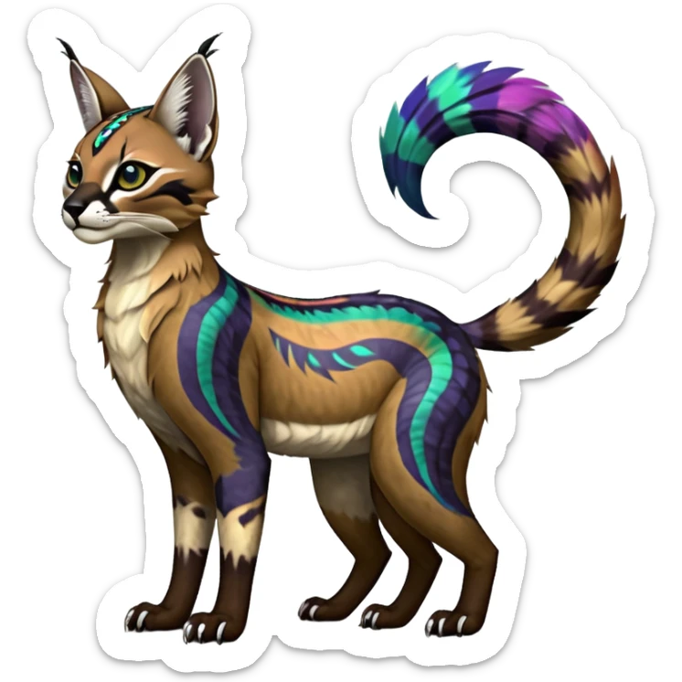 Colorful dark tropical tribal glorious iridescent divine exotic cute cool beautiful beautiful fantasy-caracal-civet-genet-sergal-vernid-Gryphon-Cacomistle-Trico-oncilla-animal-Fakémon-hybrid-fursona (full body) sticker