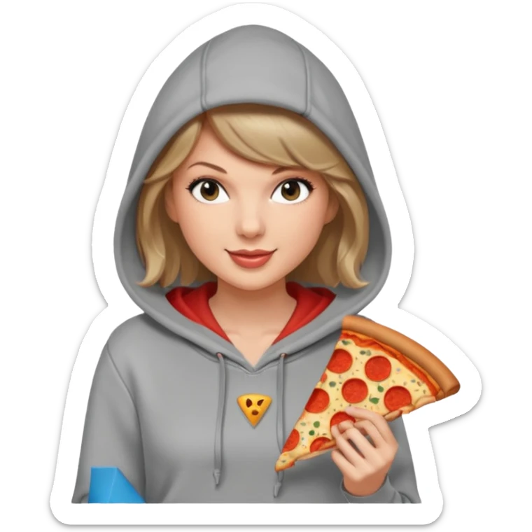 Taylor Swift, wearing hoodie, holding a slice of pizza





































 sticker