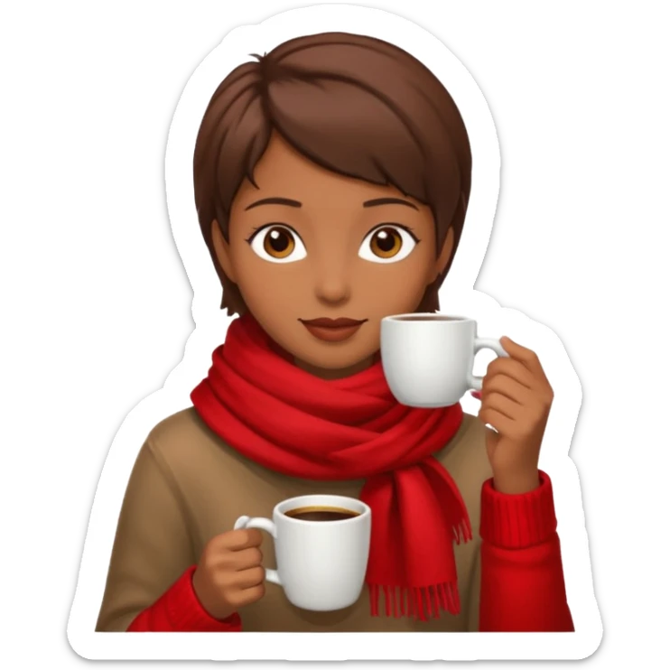 a girl with brown short hair, having red scarf, drink coffee, enjoy sticker