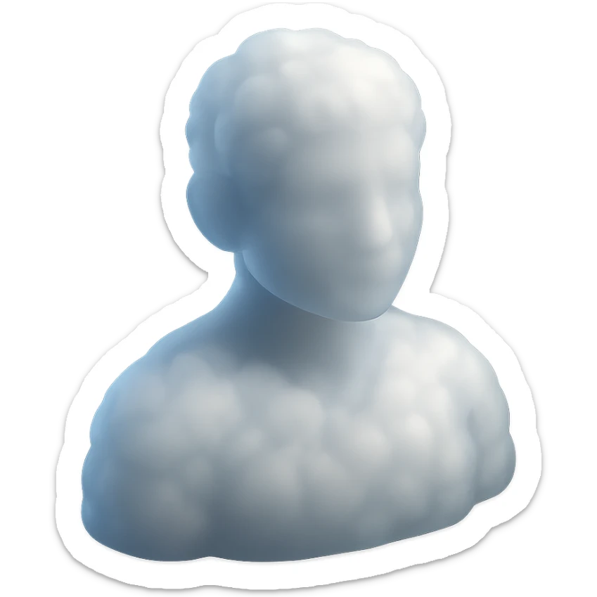 person looking straight, fully made of white fluffy convex clouds, shoulders up, no shadows, matte glass style sticker