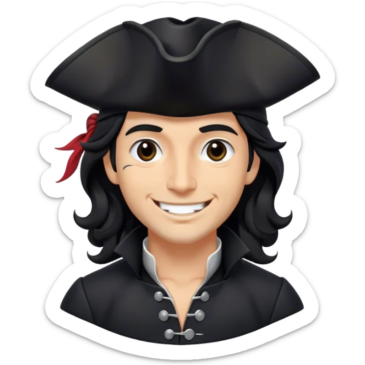 A charismatic pirate with wavy black hair, wearing a black tricorn hat and a sleek black coat with silver buttons, smiling confidently. sticker