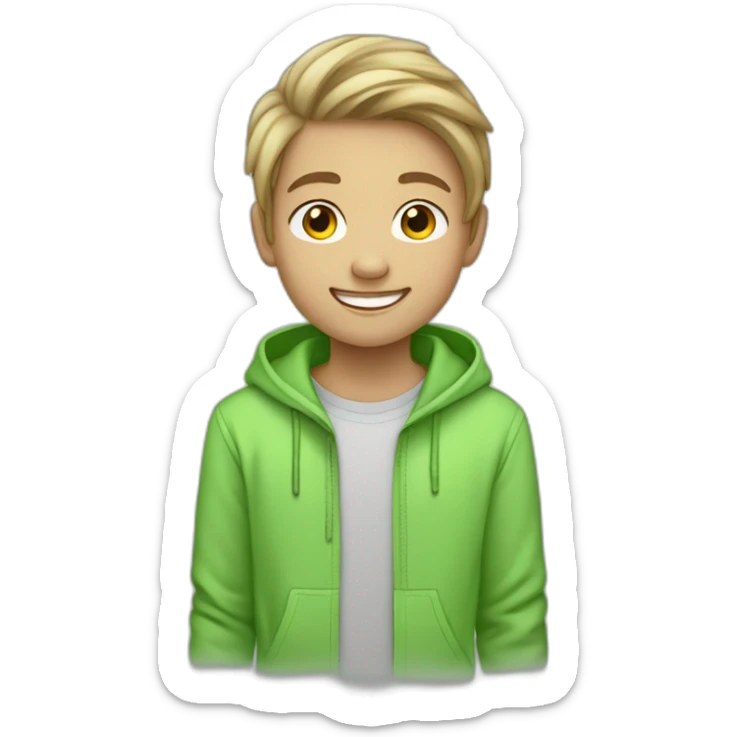 An 11 year old smiling boy with light skin and half long blind hair wearing a light green hoody sticker