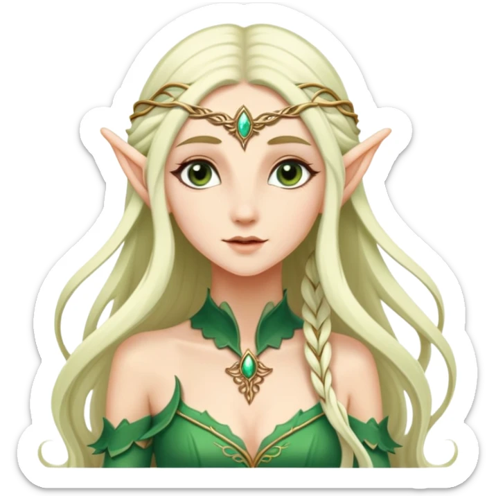 very feminine elf with long flowing hair, delicate features, elegant dress sticker