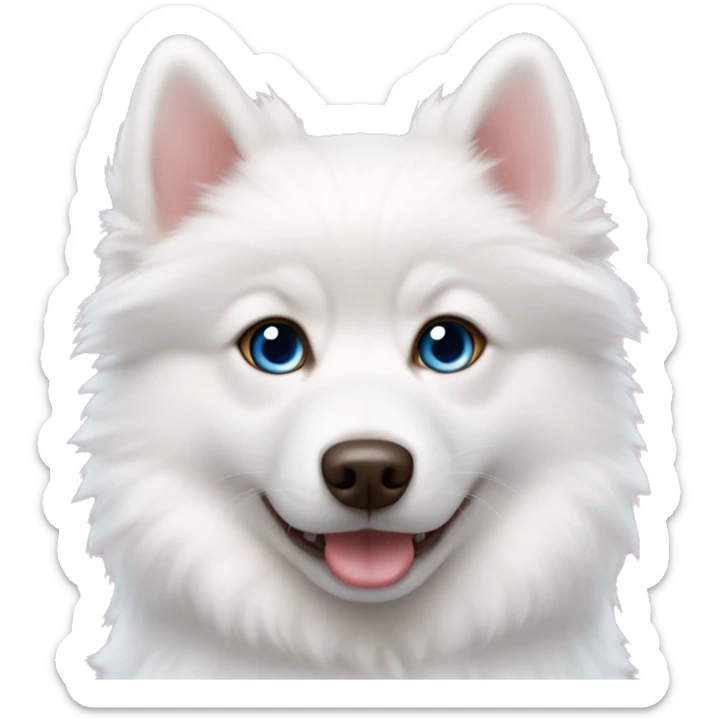 white pomsky puppy with pink ears and one brown eye, one parti blue eye sticker