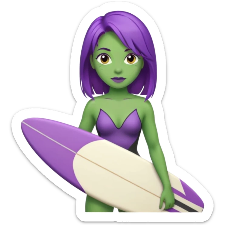 purple hair green skin woman with surfboard sticker