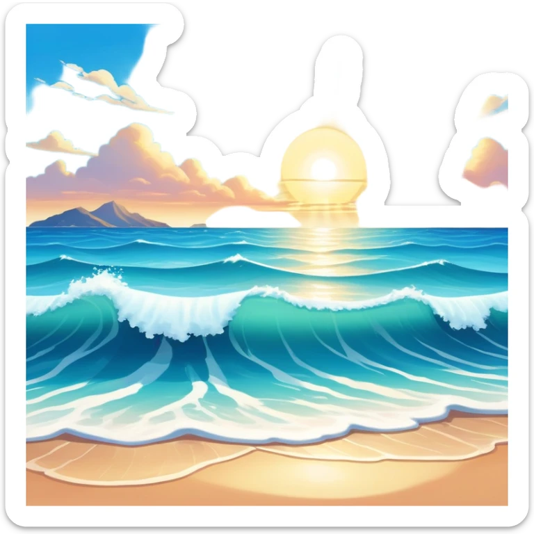 A beautiful seascape with waves in warm tones under a bright sun, with the azure sea occupying the foreground. The sunlight reflects off the water, creating a vibrant, peaceful atmosphere. The background features a stunning sky with soft clouds and a distant horizon. sticker