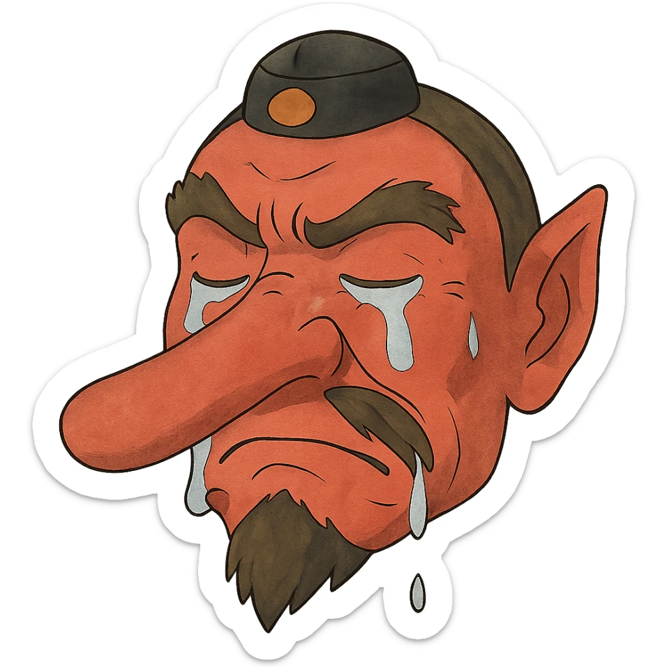 ghibli style tengu face with red skin and long nose, tears streaming down, no background, just the face sticker