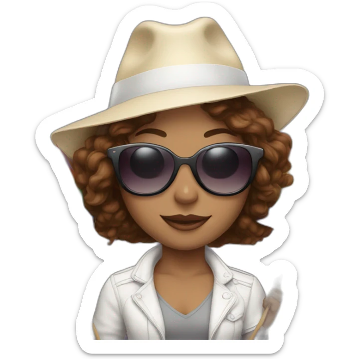 female with brown wavy hair, holding a rainbow flag,rainbow sunglasses, white hat  sticker