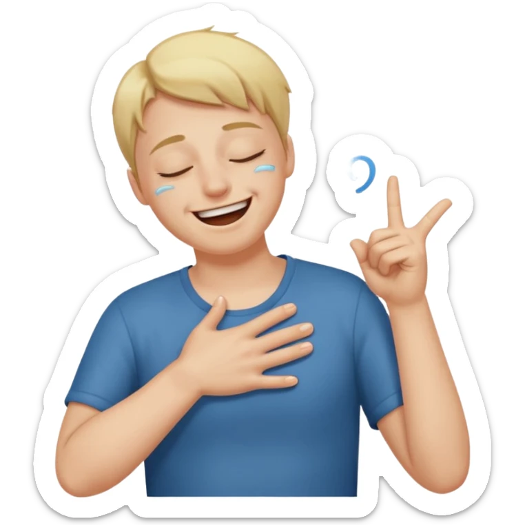 A person laughing with one hand pointing straight and one hand on his stomach with laughing tears in his eyes and closed eyes and straight pointing hand straight sticker