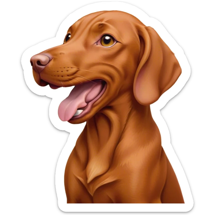 Cinematic Cute Yawning Vizsla Portrait Emoji, Head tilted slightly with a dramatic, wide-open yawn, showcasing a smooth rust and gold Fur with a subtle shimmer, floppy ears slightly drooping, round amber eyes barely open in drowsy contentment, Simplified yet irresistibly adorable features, highly detailed, glowing with a soft, cozy glow, high shine, relaxed yet expressive, stylized with a touch of whimsy, bright and endearing, soft glowing outline, capturing the essence of a sleepy yet affectionate companion, so drowsy it feels like it could stretch out of the screen and curl up for a nap! sticker