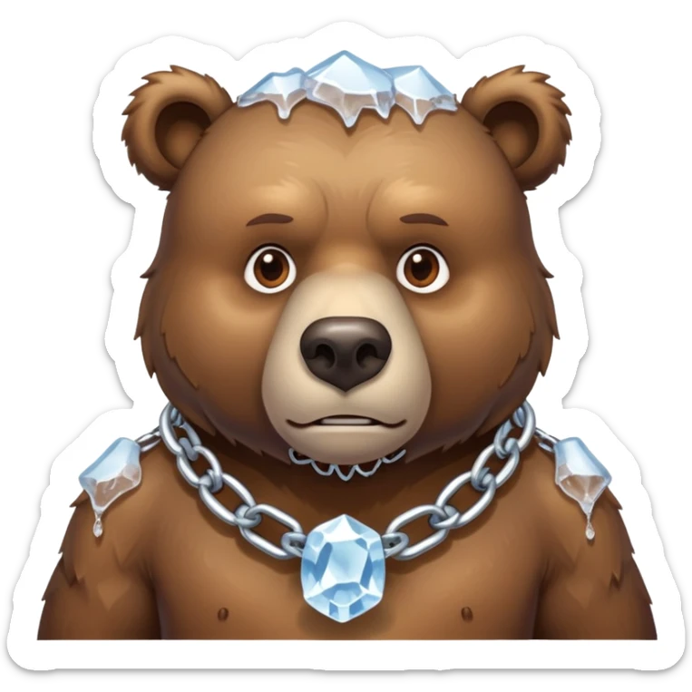 Serious realistic brown bear on all four legs wearing a thick chain made of ice around its neck, frozen chain links, stern expression sticker