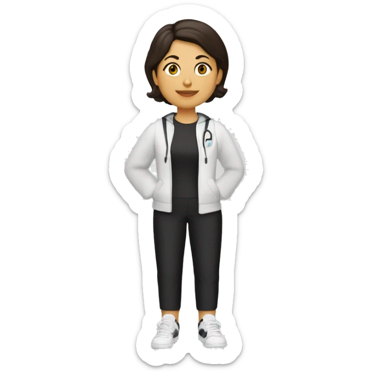 Profesora de cilcismo de piel morena clara de contextura delgada estatura alta con zapatillas de ruta blancas licras negras y maillot blanco casco blanco sticker