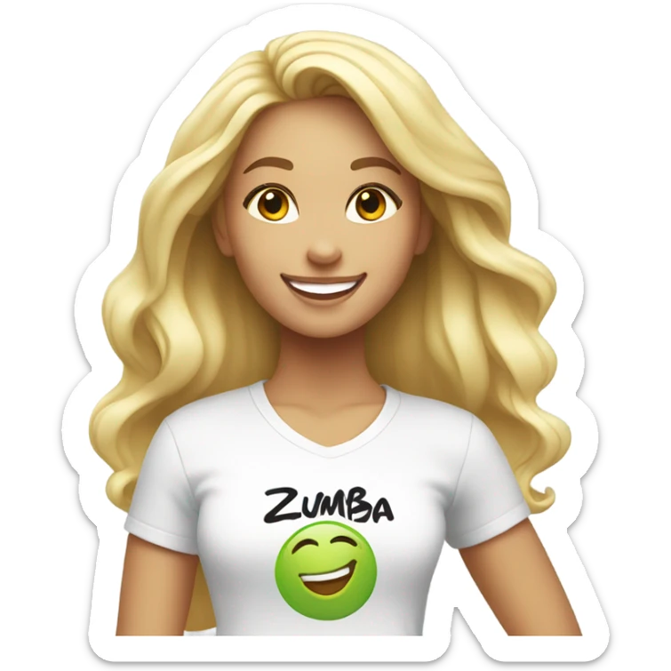 Blond girl smiling in with Zumba logo on white t-shirt sticker