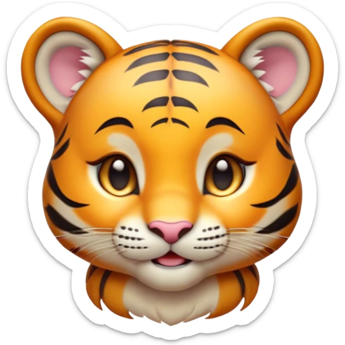Cinematic Cute Tiger Cub Portrait Emoji, Head tilted playfully and inquisitively, with an adorably compact form accented by subtle stripes and round, sparkling eyes full of wonder, Simplified yet irresistibly adorable features, highly detailed, glowing with a warm, inviting wild glow, high shine, affectionate and lively, stylized with a touch of whimsical feline cuteness, soft glowing outline, capturing the essence of a mischievous yet loving tiger cub that seems as if it could leap out of the screen into your arms! sticker