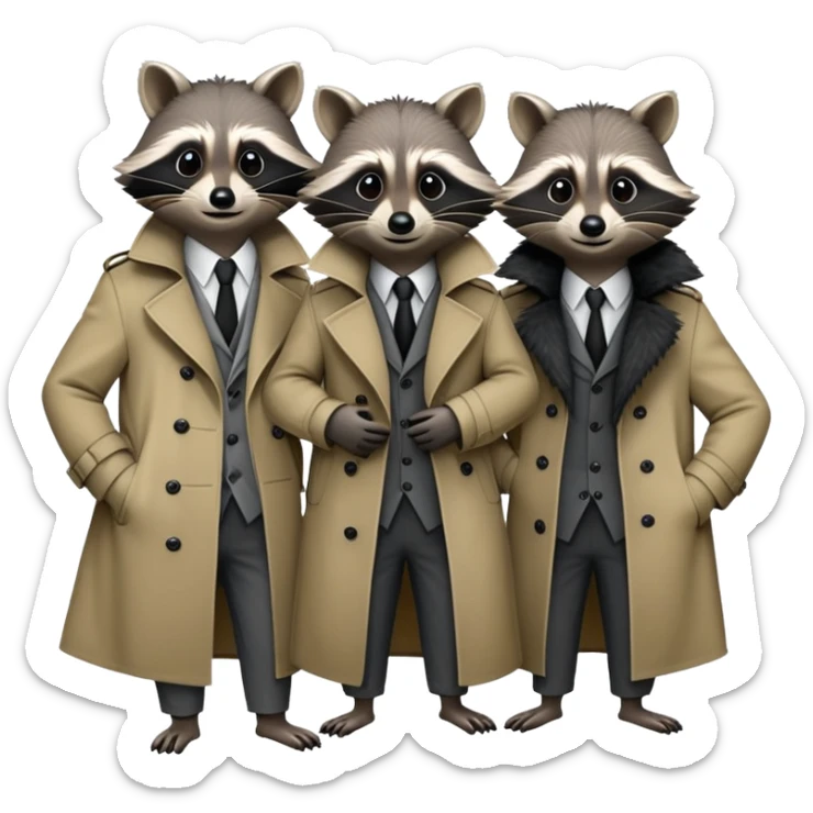 Three mischievious raccoons standing on top of each other pretending to be one person in a  single trench coat sticker