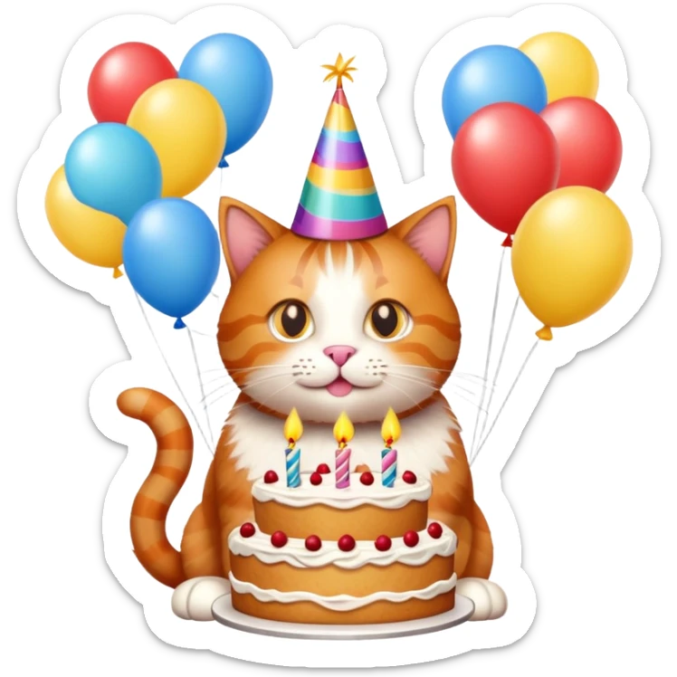 Ginger cat celebrates birthday, birthday hat, birthday cake, balloons, happy sticker