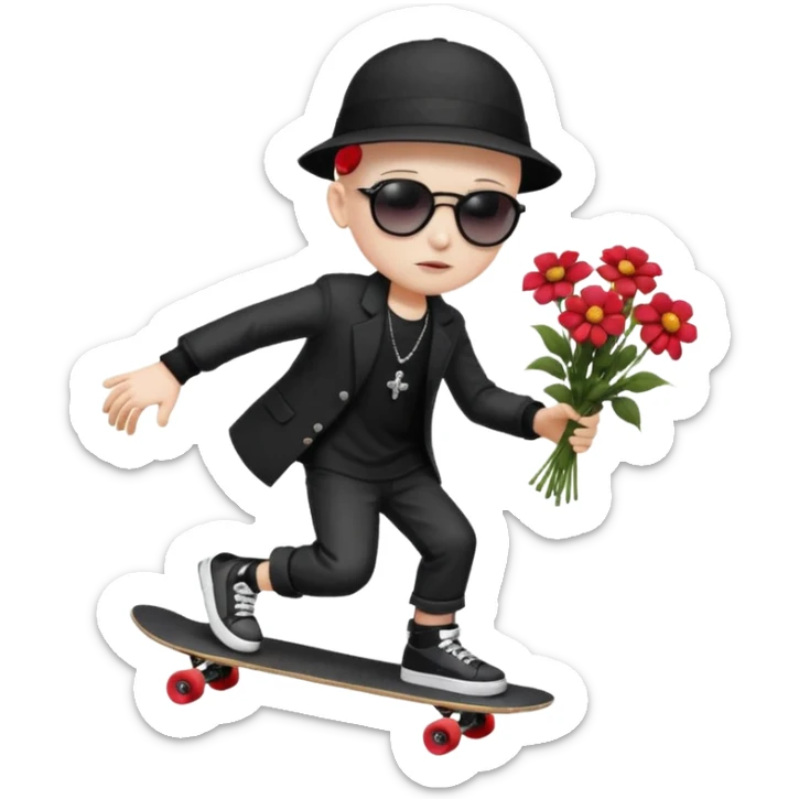["A sad boy with pale skin, bald, wearing a sunhat and sunglasses, dressed in goth fashion, is skateboarding while holding a flower bouquet."] sticker