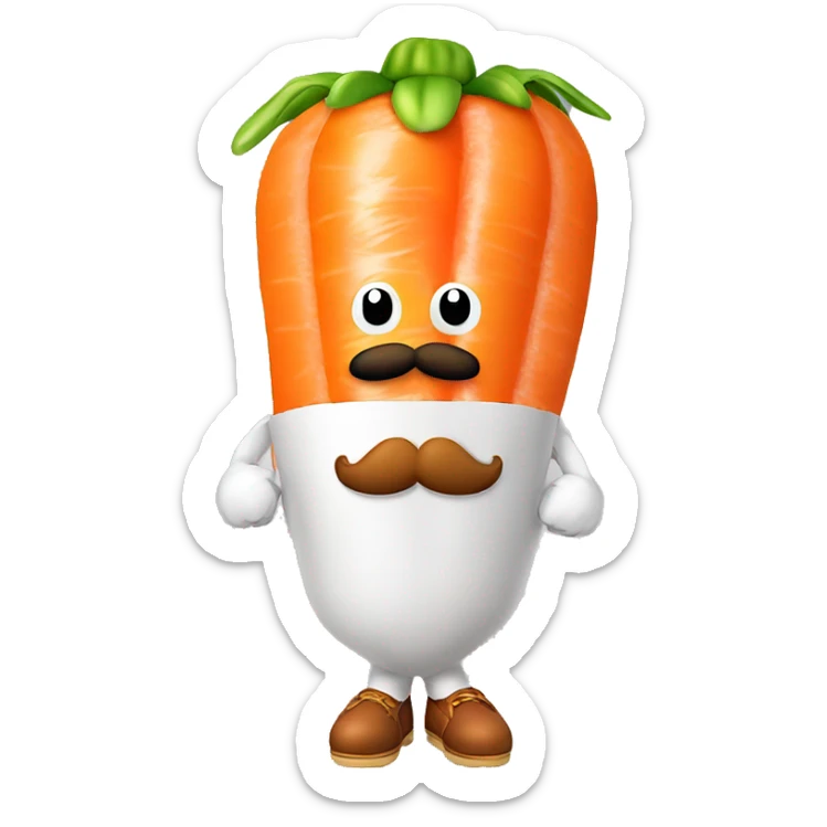 mario mustache with legs siting on top of a large carrot with two meatballs pushed up under the carrot sticker
