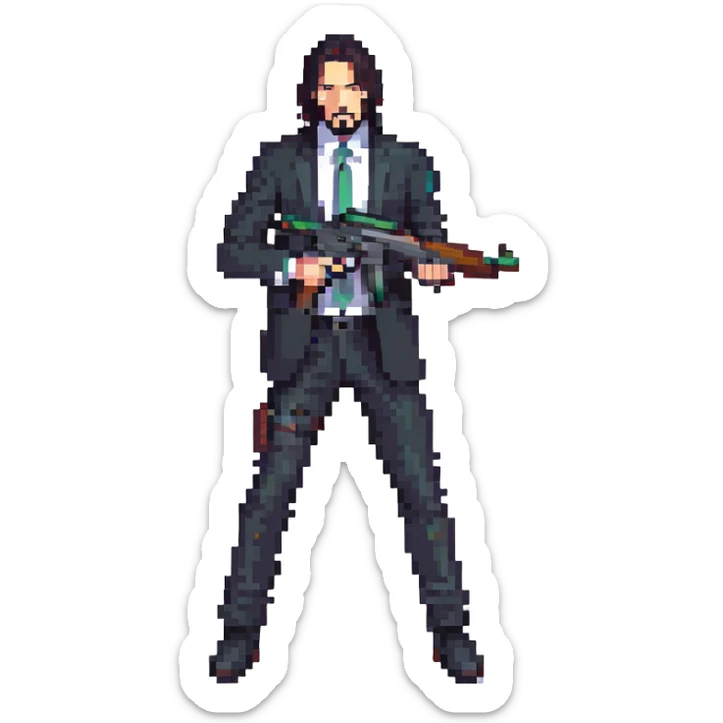 John Wick character with black suit, long dark hair, holding a gun sticker
