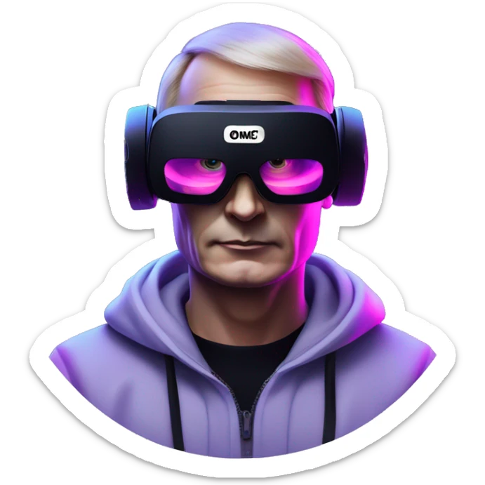 Putin wearing a black hoodie with "OMG" letters on it and VR headset oculus quest 2 in a cyberpunk VR environment with violet neon lighting. sticker