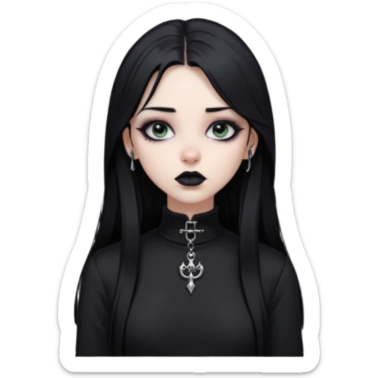 goth girl, straight long black hair, vertical labret lip piercing, black mock neck shirt sticker
