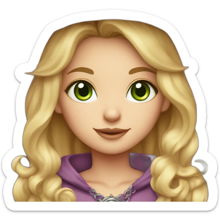 Witch cute with blond hair ,green eyes , pink hat and grey cat with a necklace pink  sticker