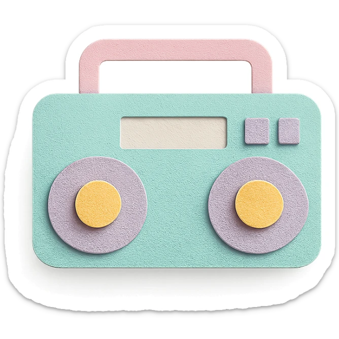 small portable boombox in paper-craft style with pastel colors and simple design sticker