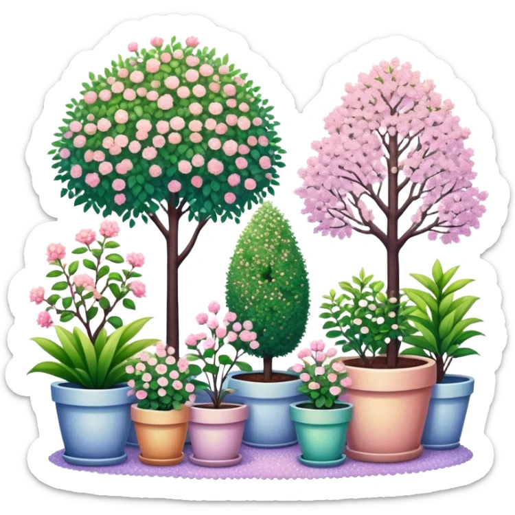 Pastel garden with potted plants and blossoming trees in pointillist style. sticker