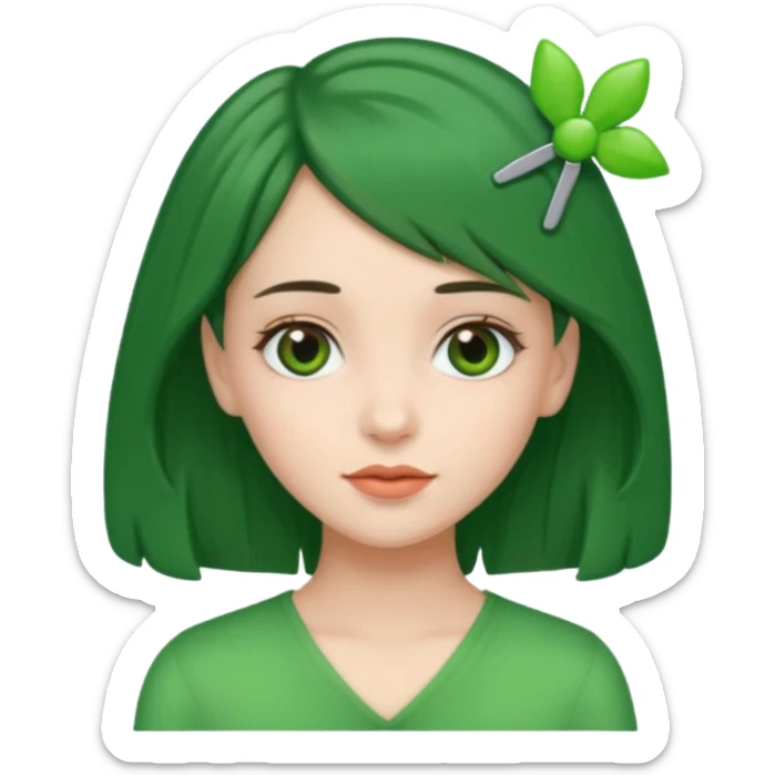 brunette girl with green color hairclip sticker